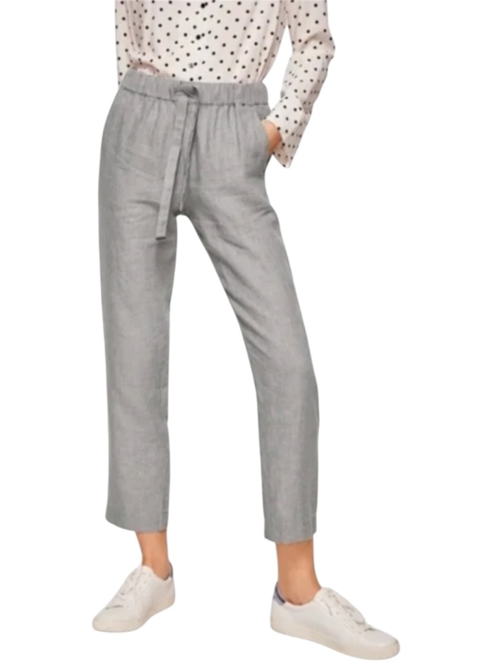 Mango 100% Linen Drawstring Pants, Gray, Size XS